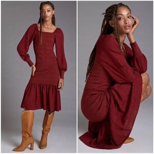 ANTHROPOLOGIE SMOCKED PUFF SLEEVED MIDI DRESS IN WINE XS